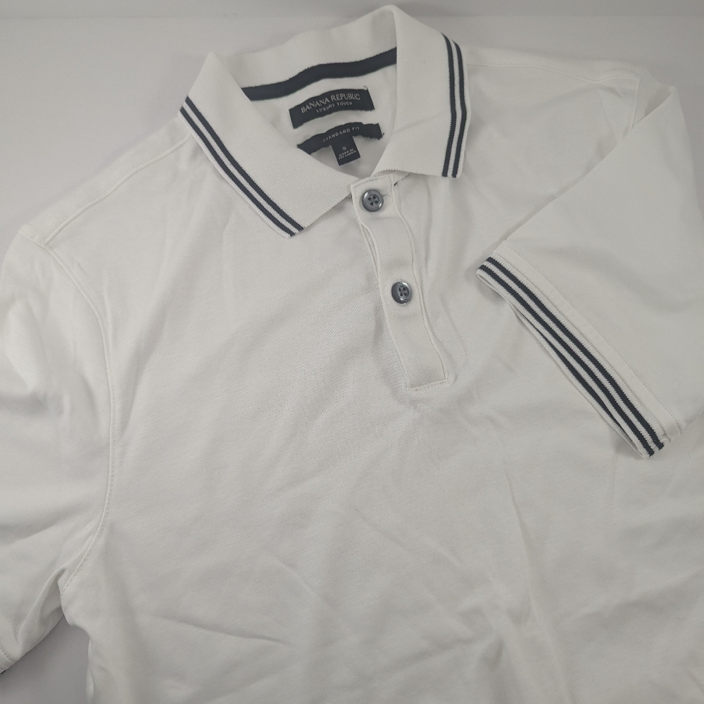 Banana Republic Luxury Touch White Polo with Black Trim 100% Cotton